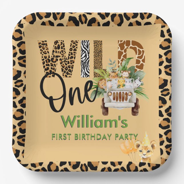 Wild One Safari Animals First Birthday Boy  Paper Plates (Front)