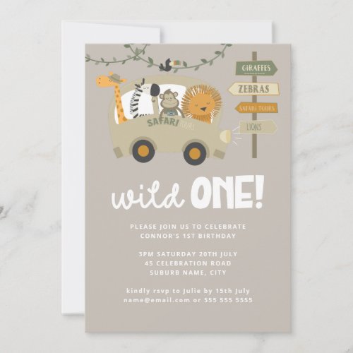 Wild One Safari Animals First Birthday Invitation