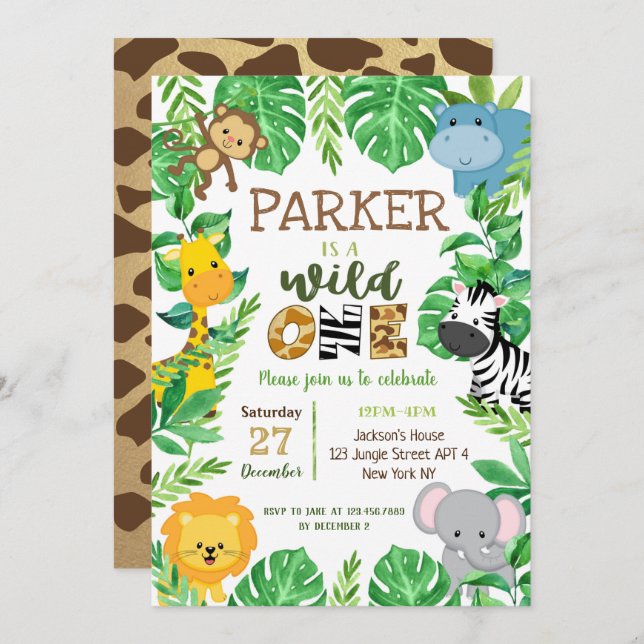 Wild One Safari Animals First Birthday Invitations (Front/Back)