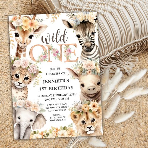 Wild One Safari Animals Girl 1st Birthday  Invitation