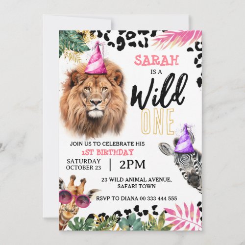 Wild One Safari Animals Girl 1st Birthday Party Invitation