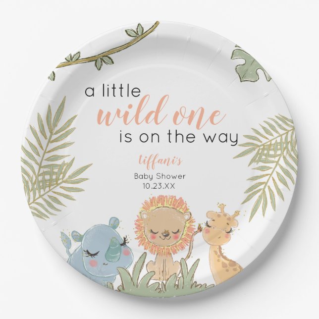 Wild One Safari Animals Girl Baby Shower Paper Plates (Front)