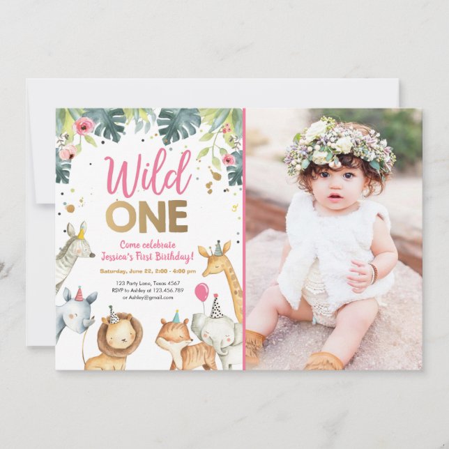 Wild One Safari Animals Girl Birthday Invitation (Front)