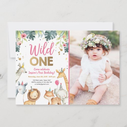 Wild One Safari Animals Girl Birthday Invitation