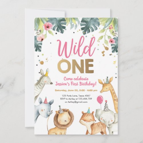 Wild One Safari Animals Girl Birthday Invitation