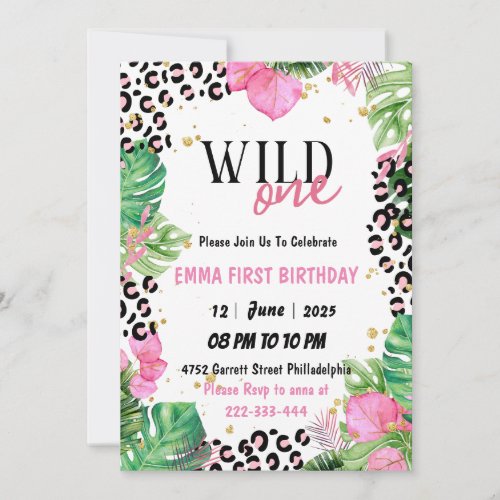 Wild One Safari Animals girls 1st Birthday Invitation