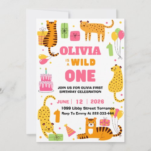 Wild One Safari Animals girls 1st Birthday Invitation