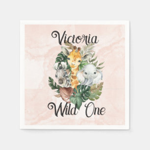 Wild One Safari Animals Girls First Birthday  Napkins