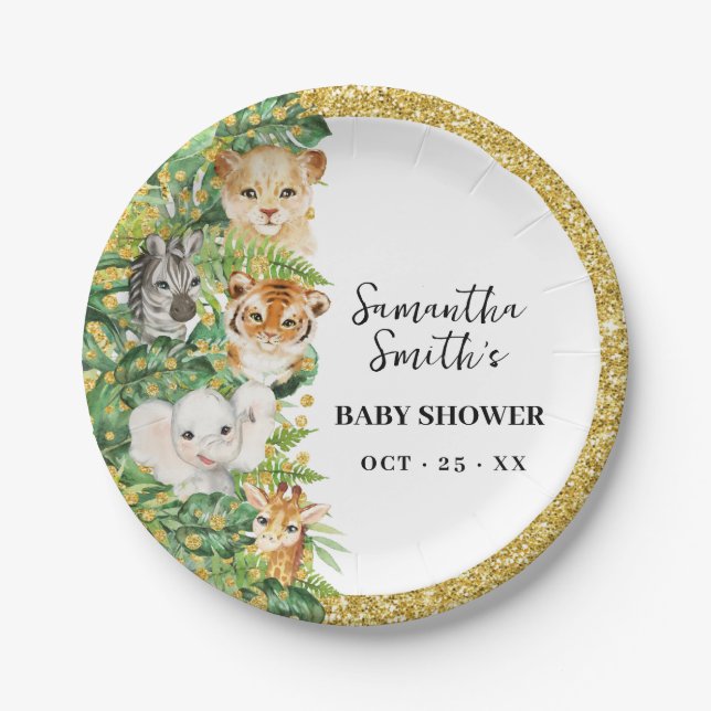 Wild One Safari Animals Gold Glitter Baby Shower Paper Plates (Front)