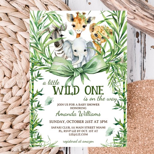 Wild One Safari Animals Green Bow Baby Shower Invitation