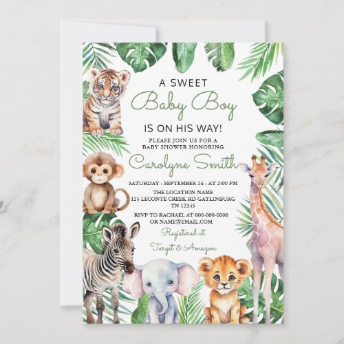 Wild One Safari Animals Greenery Baby Shower Invitation