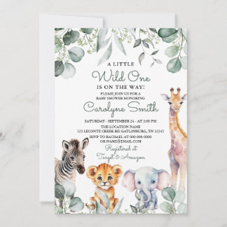 Wild One Safari Animals Greenery Baby Shower Invitation