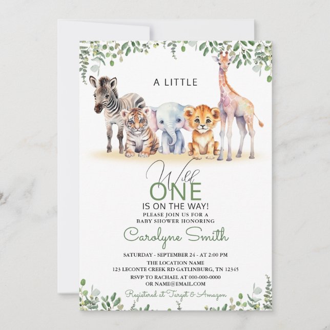 Wild One Safari Animals Greenery Boy Baby Shower Invitation (Front)