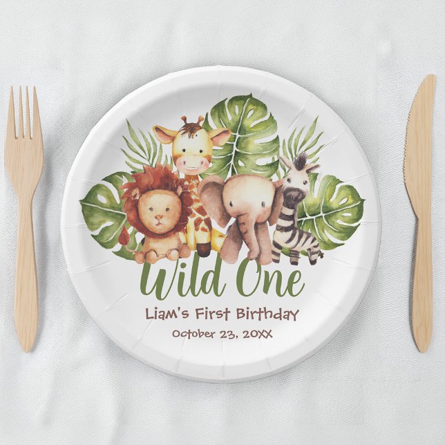 Wild One Safari Animals Greenery First Birthday Paper Plates (Creator Uploaded)