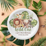 Wild One Safari Animals Greenery First Birthday Paper Plates<br><div class="desc">For a first birthday party with Wild One / safari animals theme. There is a group of cute jungle animals painted in watercolor: a lion, a giraffe, an elephant and a zebra. With exotic monstera and palm leaves leaves behind them The text "Wild One" is in a green handwriting script,...</div>