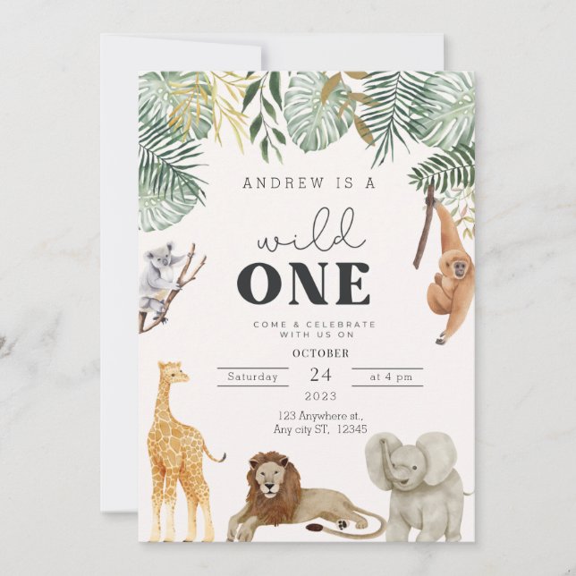 Wild One Safari Animals Invitation Card (Front)