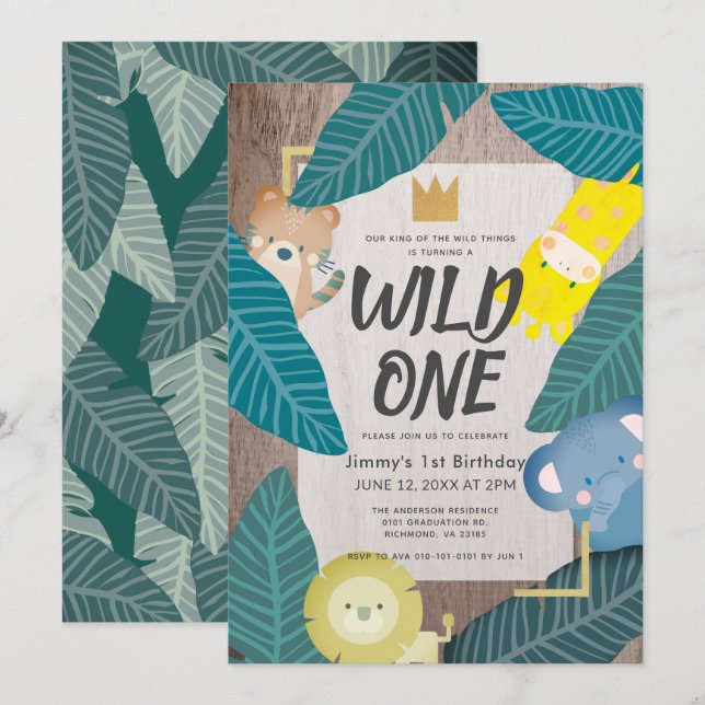 Wild One Safari Animals Jungle Boy 1st Birthday Invitation (Front/Back)