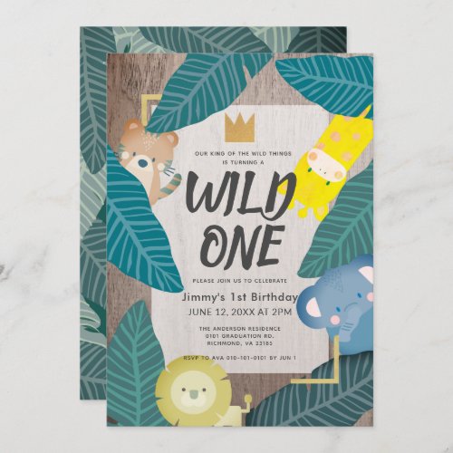 Wild One Safari Animals Jungle Boy 1st Birthday Invitation