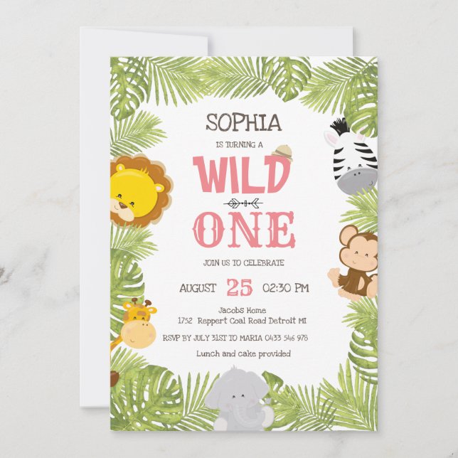 Wild One Safari Animals Jungle First Birthday Invitation (Front)