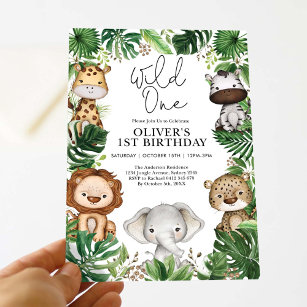 Wild One Safari Animals Jungle Greenery Birthday Invitation