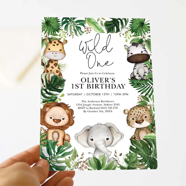 Wild One Safari Animals Jungle Greenery Birthday Invitation | Zazzle