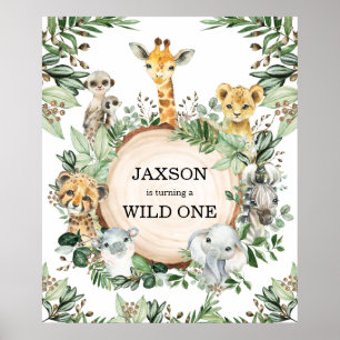 Wild One Safari Animals Jungle Greenery Birthday Poster