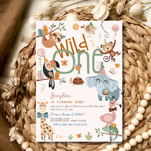 Wild one safari animals kids birthday invitation