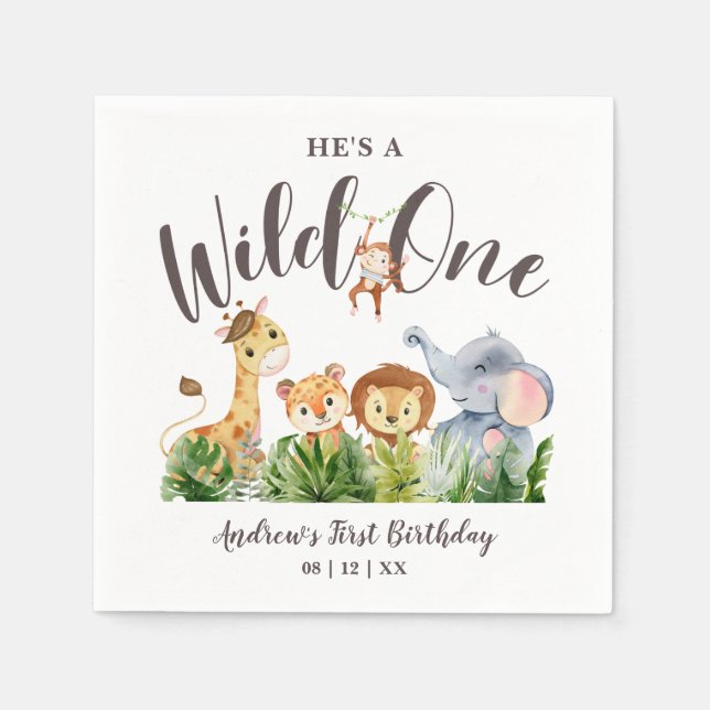 Wild One Safari Animals Kids Birthday Napkins (Front)