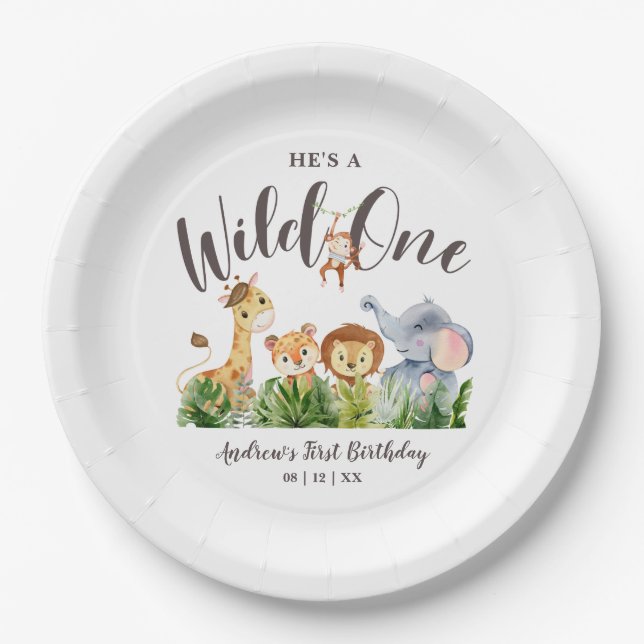 Wild One Safari Animals Kids Birthday Paper Plates (Front)