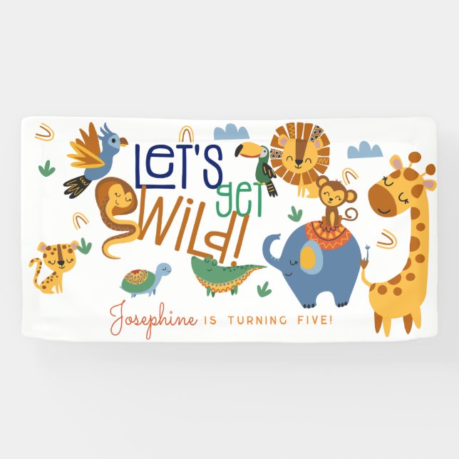 Wild one safari animals kids birthday party banner (Horizontal)
