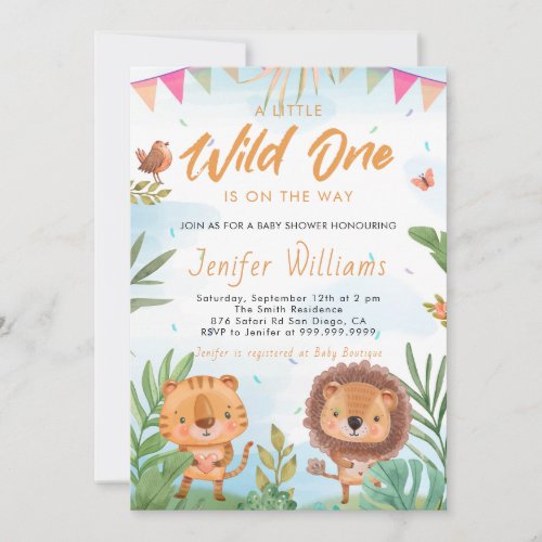 Wild One Safari Animals Lion and Tige Baby Shower Invitation