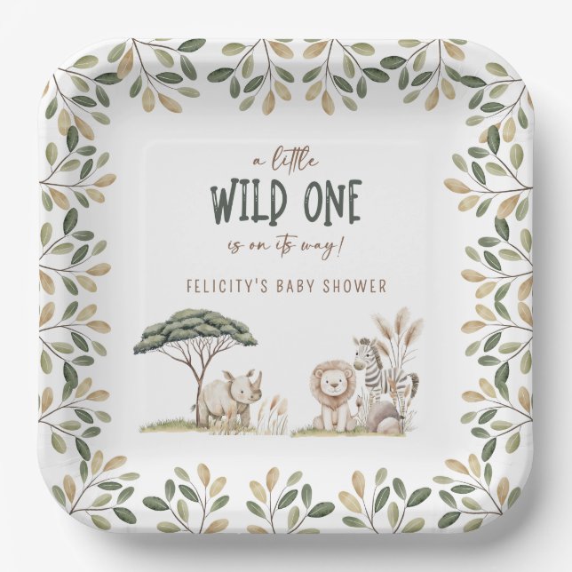 Wild One Safari Animals Neutral Baby Shower Paper Plates (Front)