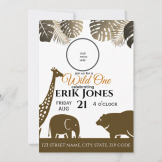 Wild One Safari Animals Photo Birthday Invitation