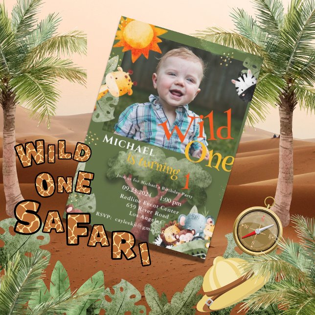 Wild One Safari Animals Photo Birthday Party Invitation (Creator Uploaded)