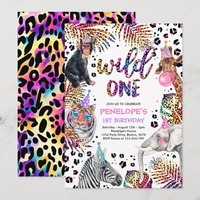 Wild One Safari Animals Rainbow Cheetah Birthday Invitation (Front/Back)