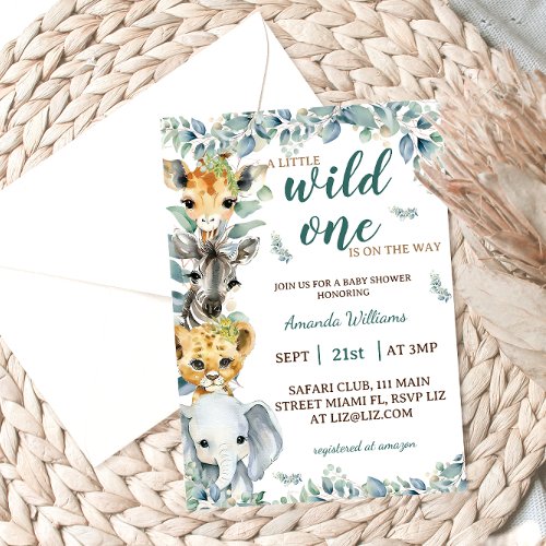 Wild One Safari Animals Sage Green Baby Shower Invitation