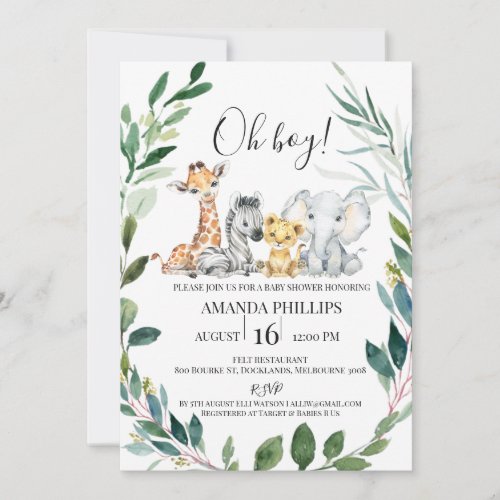 Wild One Safari Animals Wreath Baby Shower Invitation