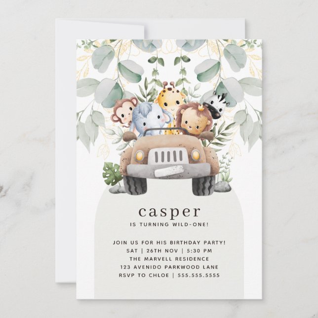 Wild One Safari Baby Animals 1st Birthday Party Invitation (Front)