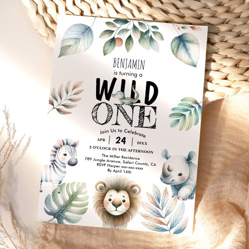 Wild One Safari Baby Boy 1st Birthday Invitation