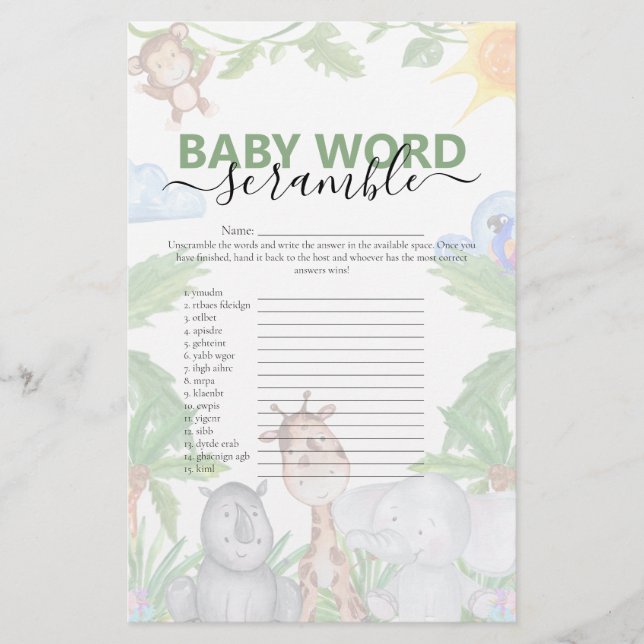 Wild One Safari Baby Shower Game (Front)