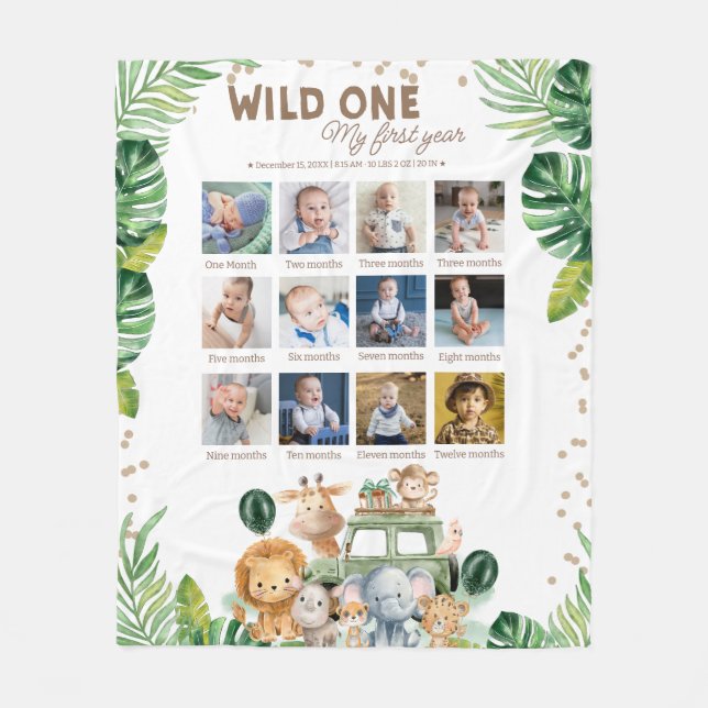 Wild One Safari Birthday 12 Month Photo Collage  Fleece Blanket (Front)