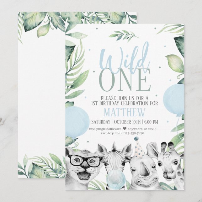 Wild One Safari Birthday Invitation for a Boy (Front/Back)