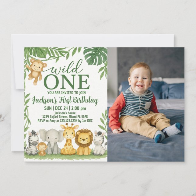 Wild One Safari Birthday Invitation with photo (Front)