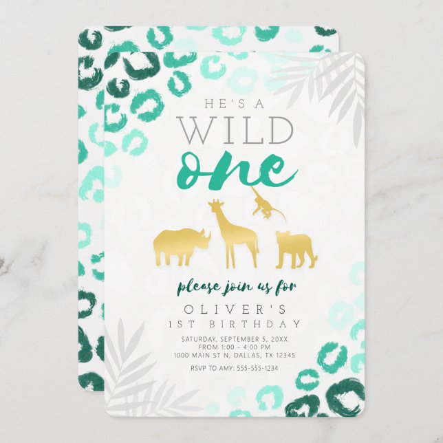 Wild One Safari Blue and Gold 1st Birthday Invitation (Front/Back)