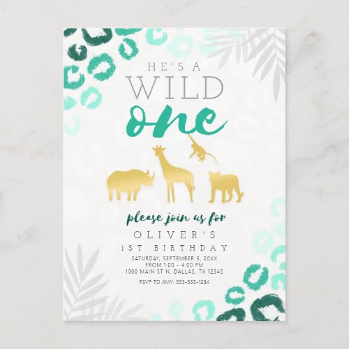 Wild One Safari Blue and Gold Leopard 1st Birthday Postcard