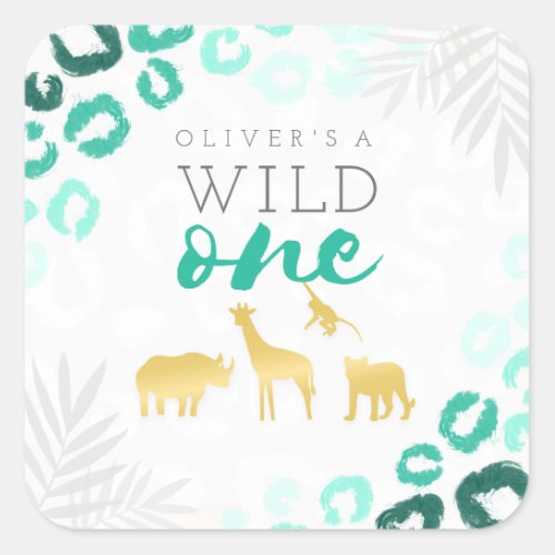 Wild One Safari Blue and Gold Leopard 1st Birthday Square Sticker