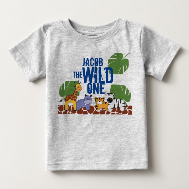 WILD ONE Safari blue Name First Birthday Baby T-Shirt (Front)