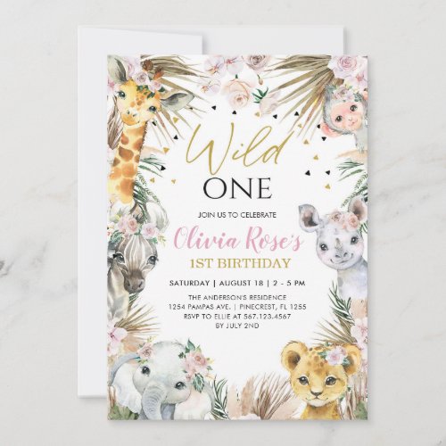 WILD ONE Safari Boho Pampas Animals 1st Birthday  Invitation