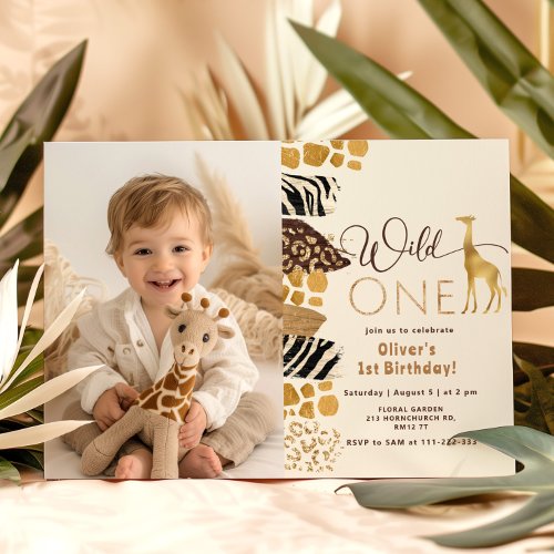 Wild One Safari boy 1st birthday giraffe photo Invitation
