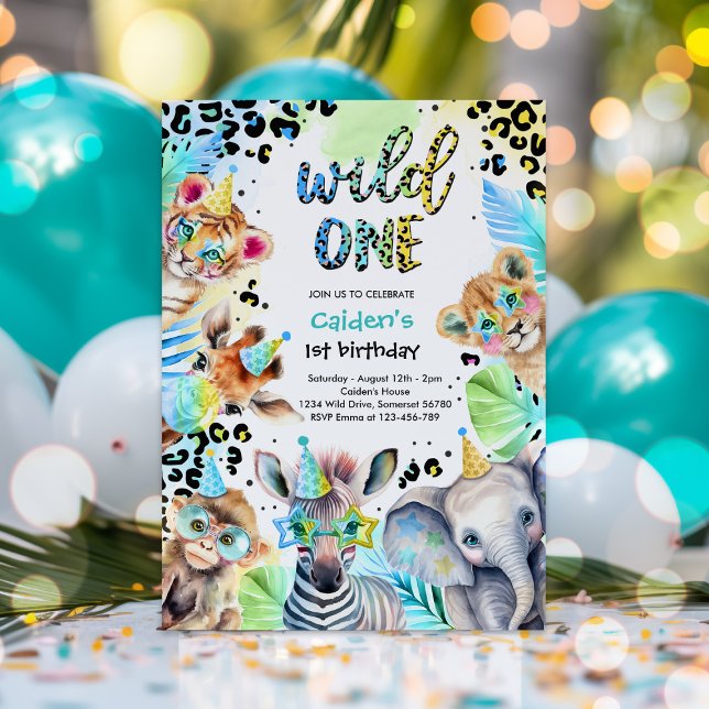 Wild One Safari Boy Blue Leopard Birthday Party Invitation (Creator Uploaded)